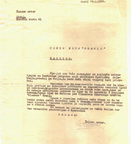 Dopis TK Branik 1956