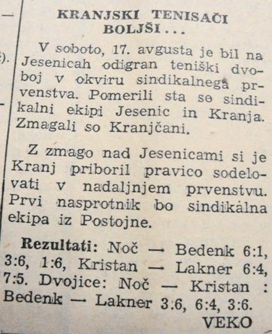 Gorenjski glas: Kranjski tenisači boljši (1957)