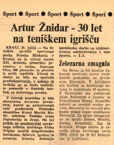 Artur Žnidar - 30 let na teniškem igrišču (Gorenjski glas, 17.7.1965)